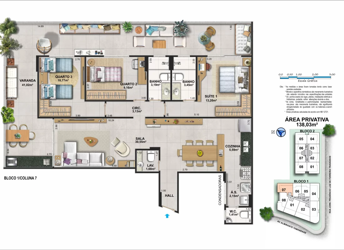 APARTAMENTO TIPO • BLOCO 01 • COLUNA 07 (UNIDADES 107 E 407 COM VARANDA ESTENDIDA)