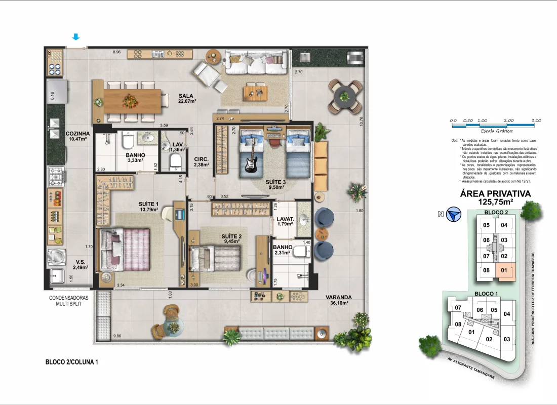 APARTAMENTO TIPO • BLOCO 02 • COLUNAS 01 E 04 COM VARANDA ESTENDIDA (UNIDADES 101, 401, 104 E 404)